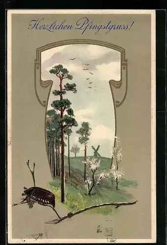 Künstler-AK Maikäfer auf Zweig vor Frühlingslandschaft, Pfingstgruss