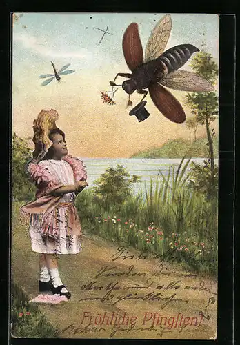 Künstler-AK Fliegender Maikäfer begrüsst Mädchen in Frühlindslandschaft, Pfingstgruss