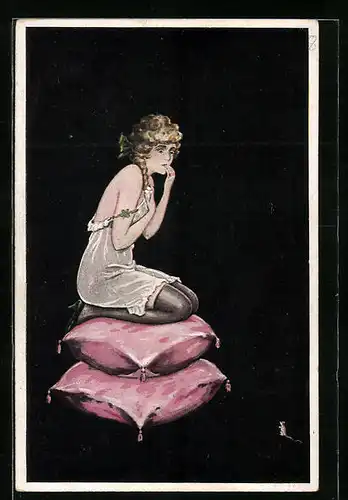 Künstler-AK Junge Dame im Unterrock graust sich vor Maus