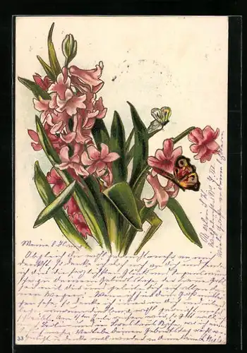 Lithographie Rote Lilien mit zwei Schmetterlingen