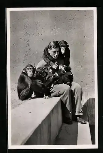 AK München, Wärter und Schimpansenkinder im Tierpark