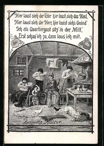 Künstler-AK Hier laust dich der Vater, hier laust sich das Kind..., Läuse im russischen Quartier