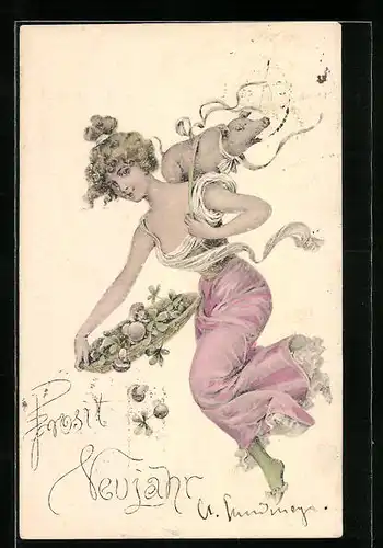 Künstler-AK Junge Dame mit Schwein und Glücksklee, Neujahrsgruss