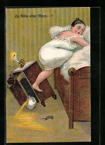 Künstler-AK Zu Hilfe eine Maus...! - Verschreckte Dame flüchtet ins Bett