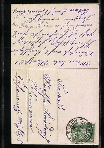 Künstler-AK Maikäfer spaziert auf einem Birkenzweig, Pfingstgruss