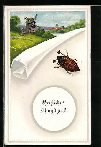Künstler-AK Maikäfer auf einem Papierblatt vor Frühlingslandschaft mit Windmühle, Pfingstgruss
