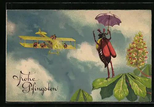 Künstler-AK Maikäfer mit Regenschirm auf einer Kastanie begrüsst Flugzeug mit Maikäfern, Pfingstgruss