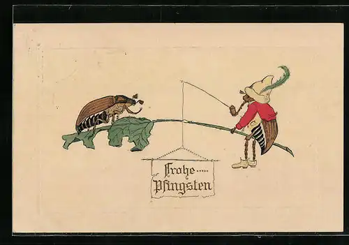 Künstler-AK Maikäfer mit Pfeife und Zipfelmütze hält Zweig mit Maikäfer, Pfingstgruss
