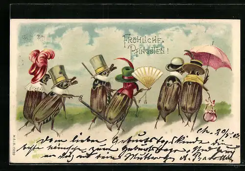 Lithographie Drei Maikäfer-Paare mit Hüten auf einem Spaziergang, Pfingstgruss