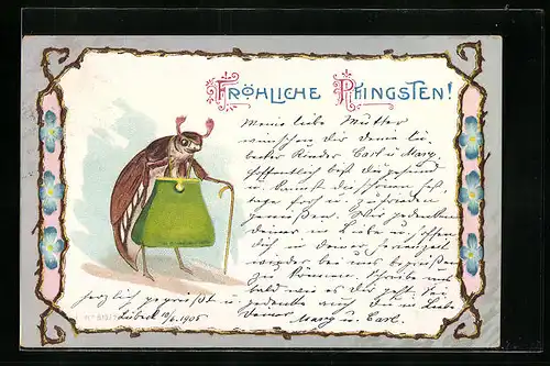 Lithographie Maikäfer-Dame mit grosser Handtasche und Spazierstock, Pfingstgruss