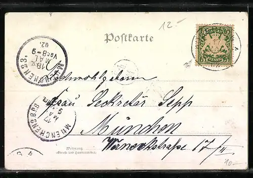 Lithographie Maikäfer-Tanz mit Ziehharmonika in der Dämmerung, Pfingstgruss