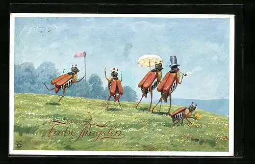 Künstler-AK Maikäfer-Familie beim Ausflug im Frühling, Pfingstgruss