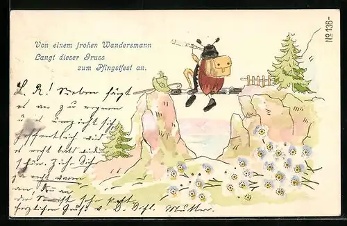 Präge-Lithographie Rastender Maikäfer-Wandersmann mit Fernrohr, Pfingstgruss