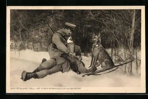 AK Sanitätshund Troll hat einen Verwundeten aufgespürt, Wohlfahrts-Postkarte
