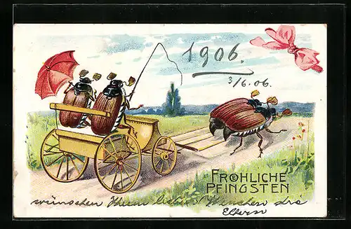 Künstler-AK Maikäfer-Paar in Maikäfer-Kutsche auf der Landstrasse, Pfingstgruss