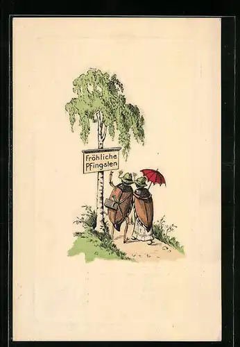 Künstler-AK Zwei wandernde Maikäfer vor Schild Fröhliche Pfingsten, Pfingstgruss