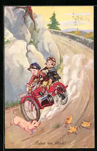 Künstler-AK Kleines Geschwisterpaar mit einem Motorrad bei der Fahrt ins Glück