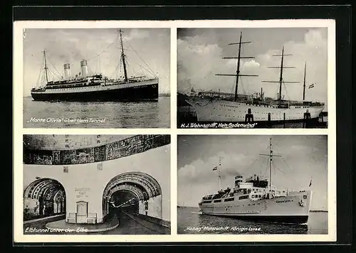 AK Passagierschiff Monte Olivia, HJ-Wohnschiff Hein Godenwind und HAPAG-Motorschiff Königin Luise