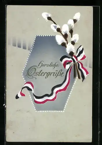 Präge-AK Kätzchenzweig mit Fahnenband, Ostergruss