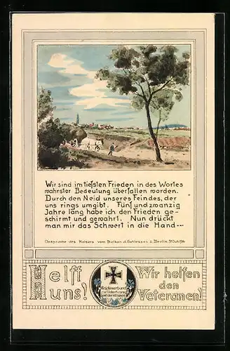 Künstler-AK Berlin, Wir sind im tiefsten Frieden..., Ansprache des Kaisers vom Balkon des Schlosses 1914, Eisernes Kreuz