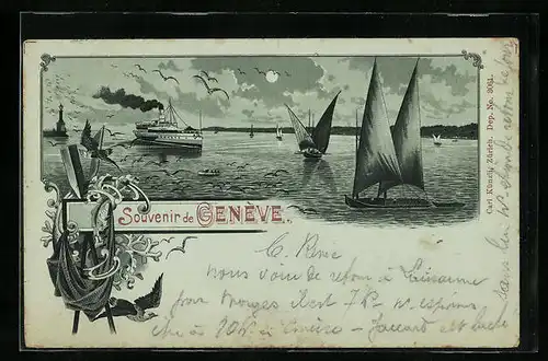 Mondschein-Lithographie Genève, Seepartie mit Dampfer und Segelbooten