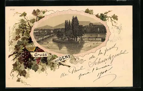 Lithographie Genf, Ortsansicht mit See