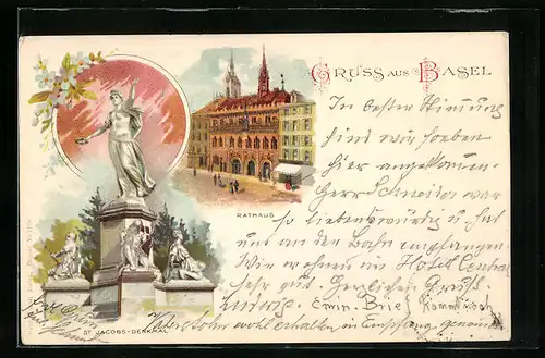 Lithographie Basel, Rathaus und Jacobs-Denkmal