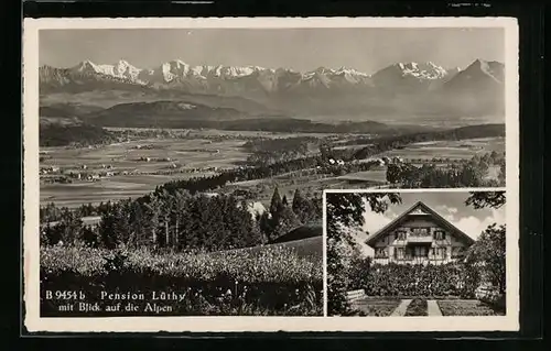 AK Belpberg, Pension Lüthy mit Blick auf die Alpen