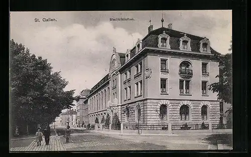 AK St. Gallen, Stadtbibliothel mit Strassenpartie