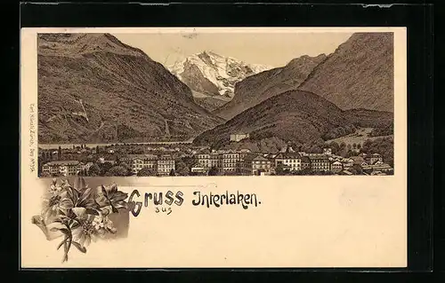 Lithographie Interlaken, Ortsansicht mit Bergpanorama