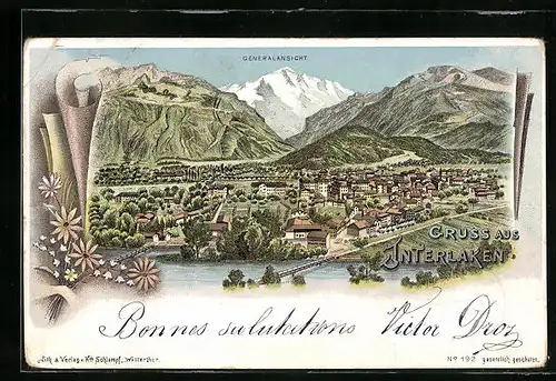 Lithographie Interlaken, Generalansicht aus der Vogelschau
