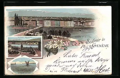 Lithographie Genève, Ortsansicht, La Place des Alpes, Barque du Lac