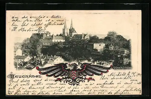 AK Neuchâtel, Ortsansicht mit Wappen