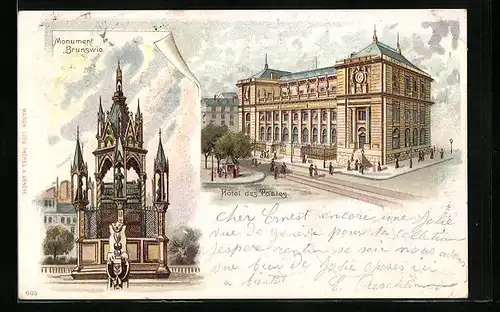 Lithographie Geneve, Hôtel des Postes, Monument Brunswic