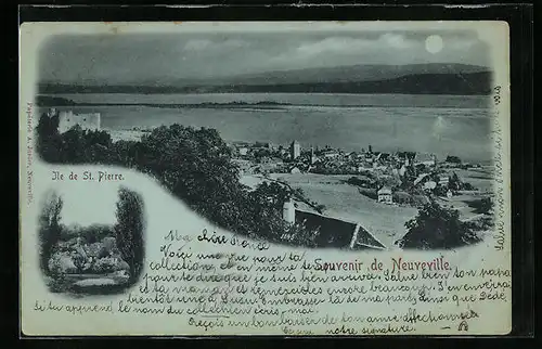 Mondschein-AK Neuveville, Ortsansicht und Ile de St. Pierre