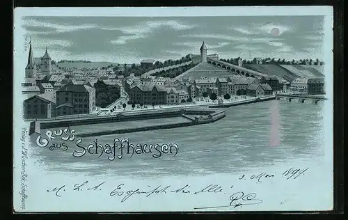 Lithographie Schaffhausen, Ortsansicht mit Kirchen