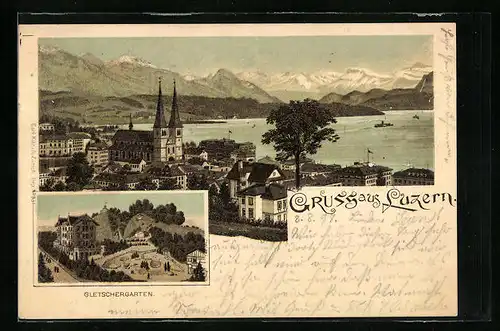 Lithographie Luzern, Ortsansicht mit Gletschergarten