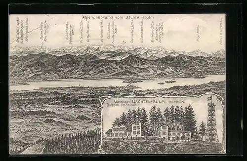 Künstler-AK Bachtel-Kulm, Alpenpanorama und Gasthaus Bachtel-Kulm