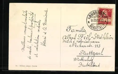 Passepartout-AK Lausanne, Teilansicht, Neujahrsgruss