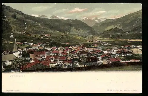 AK Zweisimmen, Ortsansicht mit Umgebung und Blick in die Berge