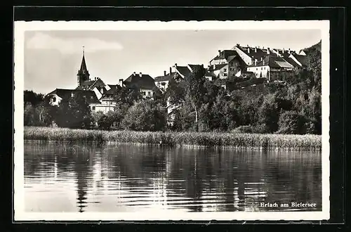 AK Erlach am Bielersee, Ortsansicht mit Kirchturm und See