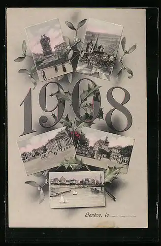 AK Genéve, Verschiedene Ortsansichten aus dem Jahre 1908