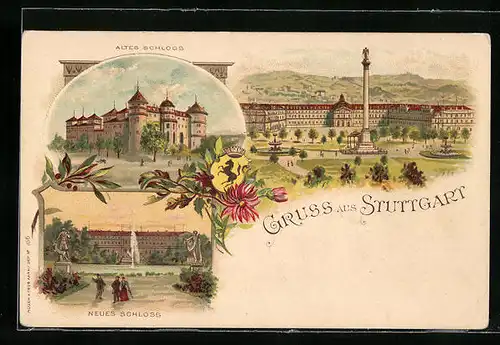 Lithographie Stuttgart, Altes und neues Schloss, Denkmal