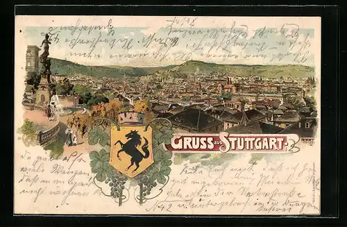 Lithographie Stuttgart, Teilansicht mit Brunnen, Wappen