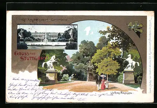 Lithographie Stuttgart, Königliches Residenzschloss Gartenseite, Unter Anlagen