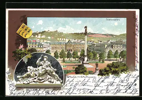 Lithographie Stuttgart, Schlossplatz mit Denkmälern, Eberhard-Gruppe