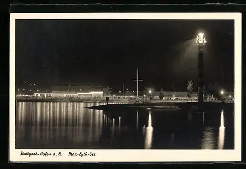 AK Stuttgart-Hofen a. N., Gaststätte am Max-Eyth-See mit Strand-Cafe bei Nacht