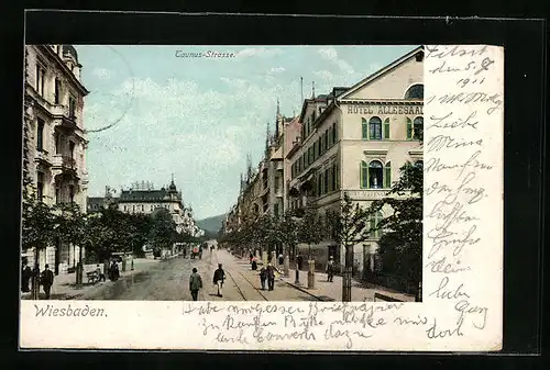AK Wiesbaden, Taunus-Strasse mit Hotel Alleesaal