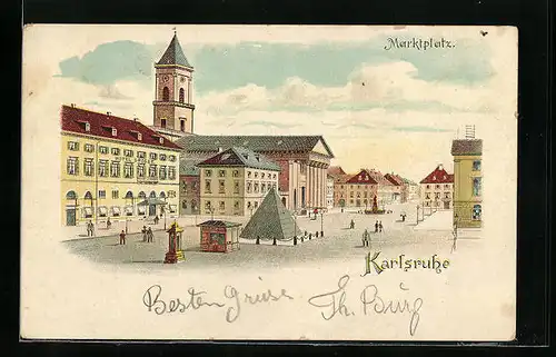 Lithographie Karlsruhe, Marktplatz mit Hotel Grosse