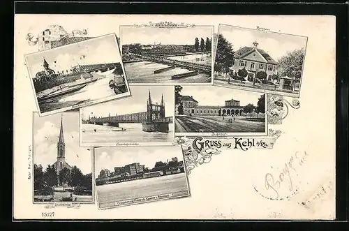 AK Kehl a. Rhein, Neue Rheinbrücke, Stadtkirche und Bahnhof